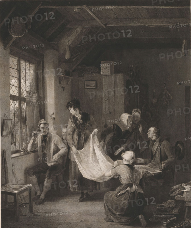 The Pedlar, Pedlar in a Living Room, print, printmaker: James S. Stewart, after painting by David Wilkie, printer (person): Lloyd & Hennings, publisher: Moon, Boys & Graves, London, dedicated to: Sophia Baillie, 1834, printer (person), paper, chine collé, etching, engraving, height 488 mm x width 375 mm, family life at home, pedlar, An interior scene shows a room with exposed wooden beams and a window with diamond-patterned panes on the left; several people occupy the space, including a seated man near the window holding a pipe and leaning on the sill, a standing young woman in the center holding a large patterned cloth, a kneeling woman in front of her supporting the cloth, and an older woman leaning forward while another older woman stands behind her. A seated man on the right gestures toward the cloth while holding an unfolded sheet, and household items such as a clock on a cabinet, hanging objects from the beams, a spinning wheel, and stacks of folded fabric and boxes are visible a...