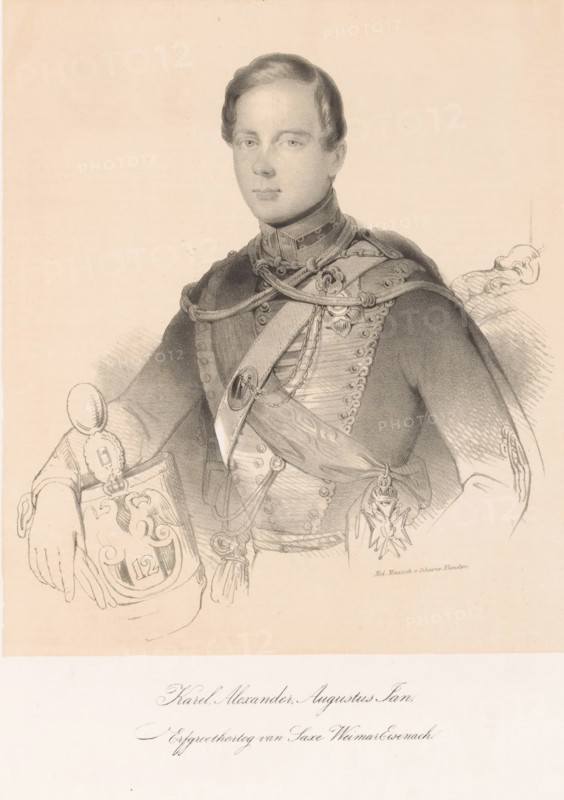 Portrait of Charles Alexander of Saxe-Weimar-Eisenach, Charles Alexander Augustus John, Hereditary Grand Duke of Saxe-Weimar-Eisenach, print, printmaker: Charles Rochussen, printmaker: Franciscus Bernardus Waanders, printer (person): Nederlandsche Maatschappij van Schoone Kunsten, The Hague, 1842 - 1843, paper, tone lithograph, tone lithograph in black with tone block in beige, height 335 mm x width 248 mm, A monochrome portrait drawing of a young man shown from the waist up wearing a decorated military uniform with ornate braiding across the chest, a high collar, and a sash across his torso; he has short, neatly combed hair and a calm facial expression while one hand rests on an elaborately patterned helmet or shield that features decorative elements, and the other arm is partially visible with detailed fabric shading and tassels, with a medal or star hanging near his hip and subtle background shading behind him.