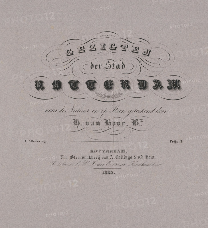 Cover with a series of views of Rotterdam, Views of the City of Rotterdam, wrapper, print, Cover with a series of eight lithographs of views of Rotterdam., printmaker: Huib van Hove Bz, printer (person): Collings & van den Hout, A., Rotterdam, vendor: WJ van Oosterzee, 1835, printer (person), paper, lithography, cover of grey-blue paper, height 463 mm x width 621 mm, city-view in general, 'veduta', A pale textured paper background with ornate black ornamental swirls and flourishes concentrated near the upper center, surrounded by decorative oval frames containing shaded blackletter-style shapes, and additional delicate looping lines and dot patterns; faint ornamental foliage motif appears beneath the central ovals, and a thin horizontal rule sits below the decorated area, with sparse printed elements and fine script-like strokes spaced beneath on the upper half of the page while the lower portion remains largely empty.