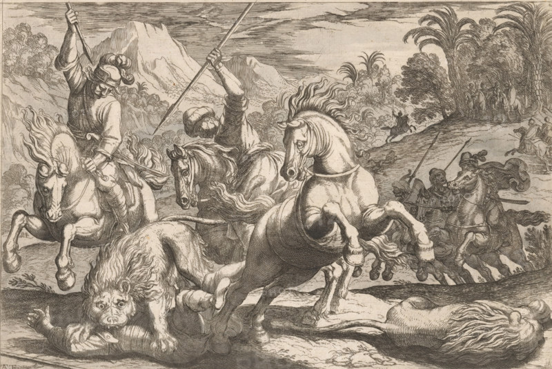 Lion Hunt, Hunting Scenes (Part 7), print, Landscape with hunters on horseback hunting lions. In the foreground a lion attacking one of the hunters., printmaker: Antonio Tempesta, Rome, dedicated to: Charles of Valois (Duke of Angoulême), 1608, 1621, paper, etching, colour, hand-coloured in grey, height 203 mm x width 283 mm, This print is part of a series of eight prints (dedication) with hunting scenes., hunter, hunters hunting (NB: In 1988-1990 this notation denoted the concept of 43C11421 'hunters resting during the hunt'), A detailed monochrome engraving shows a chaotic scene with rearing horses and mounted figures in motion across a rugged landscape; in the foreground a pair of horses dominate, one rearing with flared nostrils and flowing mane and the other twisting as a rider raises a long spear above his head; a fallen lion with a human figure beneath it lies at the riders' feet, the lion's face turned toward the viewer; additional riders and horses form a clustered melee to th...