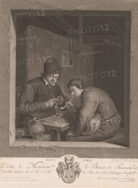 Bons amis, Two pipe-smoking men, print, Series number, 18, printmaker: Johann Georg Wille, Paris, after painting by Adriaen van Ostade, dedicated to: Hans Wilhelm von Thümmel, 1773, paper, engraving, etching, height 284 mm x width 225 mm, This print is part of a series of unknown size based on Dutch and German paintings. On some prints it is indicated at the top left which number in the series it concerns., interior of the house, pipe, tobacco, A framed engraving of two men seated at a small wooden table inside a dim interior, one man wearing a tall hat and vest looks down as he holds a slender object and another man in a rounded cap and coat leans forward holding a long stemmed pipe toward his mouth, the table bearing small round objects and a knife, a jug sits on a lower surface beside the table, wooden plank walls rise behind them with a hanging cloth and a paper attached, shelf with bowls is visible in the background and the scene is bordered by a patterned frame.