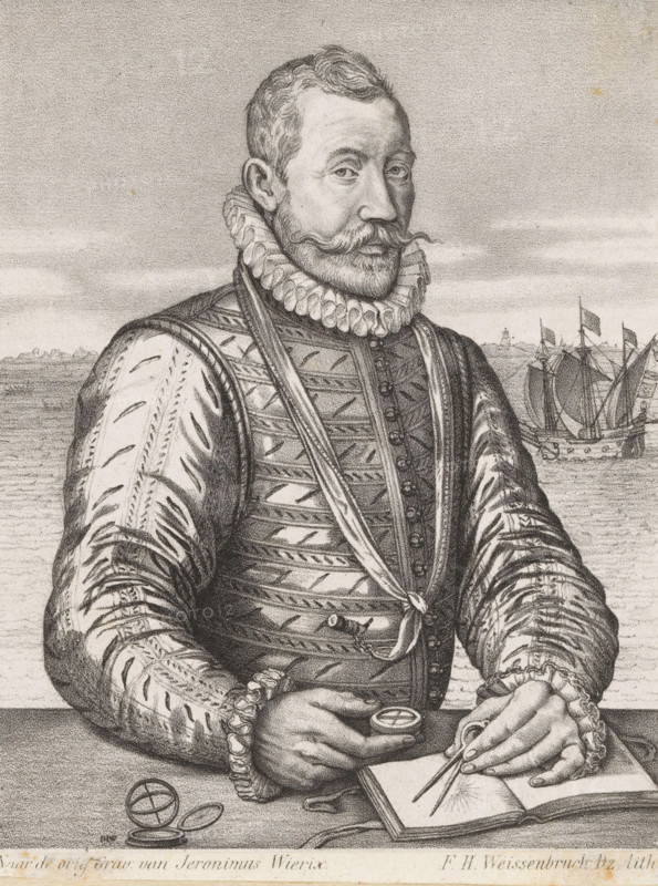 Portrait of Squire Willem van Bloys said of Treslong, print, printmaker: Frederik Hendrik Weissenbruch, after print by Hieronymus Wierix, 1838 - 1887, Hieronymus Wierix, after print by, paper, lithography, height 118 mm x width 90 mm, Person, esquire Willem Bloys van Treslong, historical persons, A seated man shown from the waist up wears ornate period clothing with a high ruffled collar and patterned doublet with padded, slashed sleeves and decorative stitching; he has a short beard and a curled mustache and looks slightly to the side with a composed expression. His hands rest on a table, one holding a small round instrument and the other using a pair of compasses over an open book with a radiating geometric drawing. On the table nearby are a spherical armillary-like object and an open circular case. In the background a body of water stretches to the horizon where several sailing ships with furled sails and flags are visible under a lightly clouded sky. The image is rendered in detail...