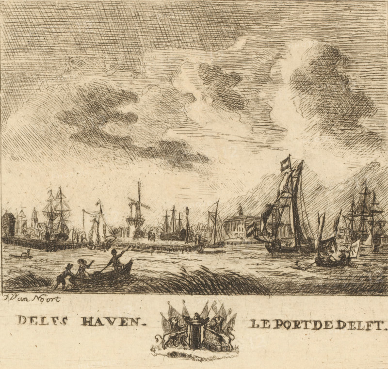 Delfs Haven, Le Port de Delft, View of Delfshaven, print, Delfshaven seen from the sea with ships off the coast. In the middle on the quay a windmill., printmaker: Jan van Noort (1756-1837), Leiden, 1766 - 1837, paper, etching, engraving, etching and engraving, height 109 mm x width 124 mm, harbour, Rotterdam, Delfshaven, A detailed etching of a harbor scene with numerous sailing ships and masts clustered along the waterfront, a large cloud-filled sky with varied crosshatched shading, small rowboats in the foreground with figures rowing and standing at the water's edge, a windmill visible among the waterfront buildings, a larger vessel with a prominent mast and rigging near the center-right, and an ornamental crest or emblem positioned below the harbor scene.