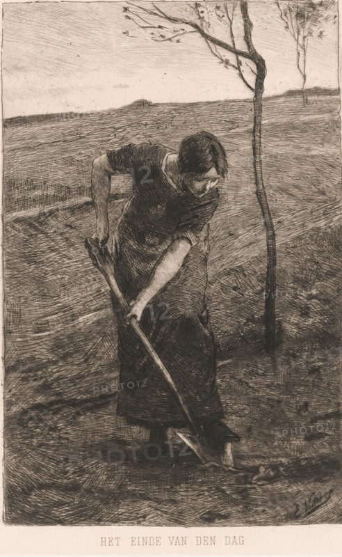 The end of the day, Creative woman, print, inscription: 'distel 1888', printmaker: Ernst Witkamp, c. 1888, paper, chine collé, etching, intaglio printmaking technique, drypoint, drypoint and plate tone on chine collé, height 227 mm x width 172 mm, farmers, landscapes in the temperate zone, agricultural implements, A monochrome etched scene shows a person bending forward while gripping a long handled tool, their head slightly bowed and hair falling toward their face, wearing a simple dress with sleeves rolled above the elbows and a long skirt, the tool's blade pressed into the ground near their feet, the figure positioned on a textured stretch of land marked by crosshatched strokes, a slender tree with bare branches rising nearby and another thin tree faintly visible in the background, a distant low ridge on the horizon and a sky filled with fine linear shading.