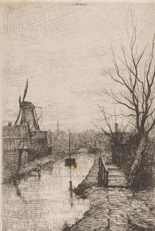 Landscape with canal, windmill and footbridge, Passerelle (original title), print, printmaker: Philip Zilcken (signed by artist), 1879, paper, chine collé, etching, intaglio printmaking technique, etching with plate tone, on chine collé, height 189 mm x width 122 mm, canal, windmill in landscape, A narrow waterway runs vertically through the scene with calm, lightly textured reflections, bordered on the right by a muddy path with footprints and a small wooden railing leading down to the water and on the left by low buildings and a windmill with blades angled and a thatched roof. Bare, leafless trees with thin, twisting branches rise from the right bank, their silhouettes contrasting against a sky filled with fine, crosshatched cloud lines. Small boats float on the water, one closer to the foreground and one further away, and reeds or grasses edge the banks. The overall image is rendered in delicate, sketchlike lines on a pale, slightly mottled background.