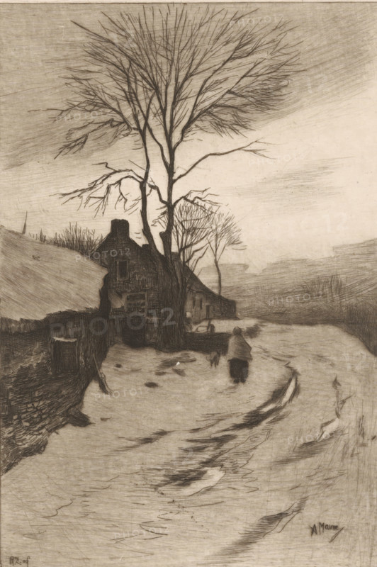 Farms along a road with bare trees, Hiver (original title), print, On the road a woman with a dog., printmaker: Philip Zilcken (signed by artist), after design by Anton Mauve, 1867 - 1890, paper, etching, drypoint, intaglio printmaking technique, height 229 mm x width 173 mm, road, path, farm (building), A tall leafless tree with many fine bare branches rises near a dark, steep-roofed house set against a faintly textured sky, a narrow snowy or muddy path curving past the house with a solitary cloaked figure walking away, low walls and sparse shrubs along the path, thin distant trees on the horizon, and subtle etched lines and shading throughout the scene.