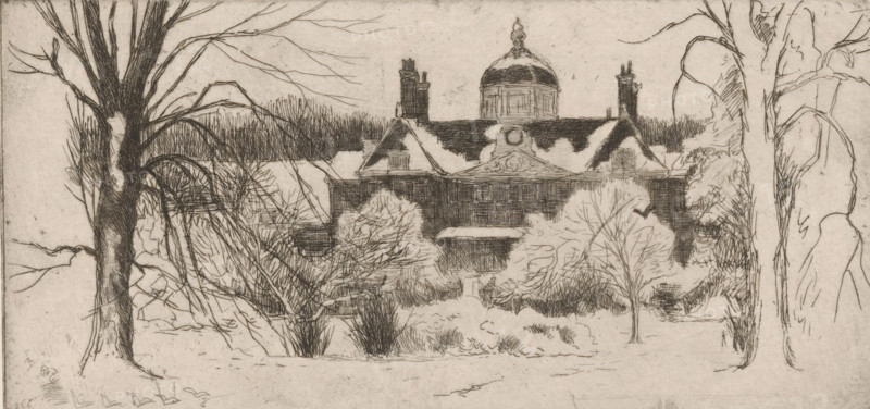 La Maison du Bois, La Haye (original title), Huis ten Bosch in the snow, print, printmaker: Philip Zilcken (signed by artist), 1890 - 1930, paper, etching, intaglio printmaking technique, zinc etching with plate tone, height 118 mm x width 247 mm, snow, palace, The Hague, Huis ten Bosch Palace, A monochrome sketch shows a large building with a central dome and steep pitched roofs, flanked by tall chimneys, partially obscured by leafless and snow-covered trees in the foreground; bare branches and textured trunks frame the scene on both sides, with shrubbery and rounded bushes at ground level, a faint horizon of dense trees behind the building, and delicate crosshatched shading and scratches across the paper surface.
