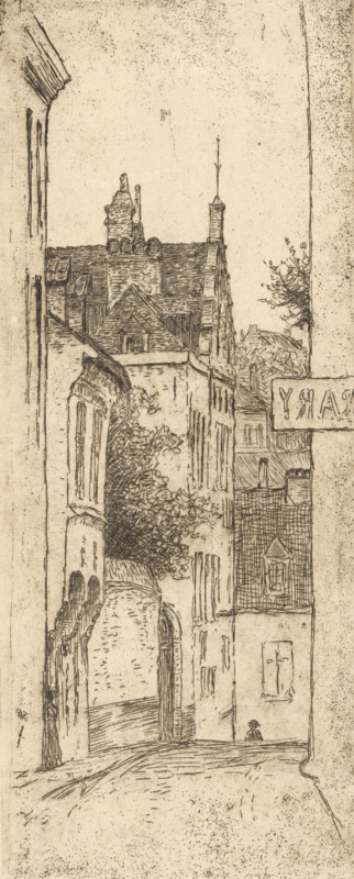 Rue Ravenstein (Bruxelles) (original title), View of Ravenstein Street in Brussels, print, printmaker: Philip Zilcken (signed by artist), 1890 - 1930, paper, etching, intaglio printmaking technique, zinc etching with plate tone, height 200 mm x width 80 mm, street, Brussels, A narrow vertical street scene rendered in a sepia-toned sketch shows tall, closely spaced buildings with varied rooflines and chimneys, detailed roof tiles, and ornate gables. The left side features a building with arched openings and a projecting window, while the right side includes façades with rectangular windows and a signboard extending from one wall. In the middle distance, dense foliage or vines spill from between buildings. The street surface slopes and leads toward an arched doorway and a recessed passage. A small, solitary figure wearing a hat sits near the base of a wall on the right. Fine, stippled and linear etching marks texture the sky and surfaces throughout the composition.