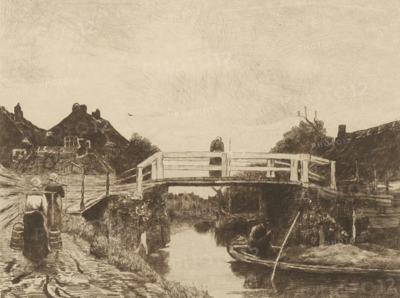 Le Pont (original title), Bridge over a canal in a village, Jacob Maris. Twelve Landscapes, print, number: '3', printmaker: Philip Zilcken (signed by artist), after design by Jacob Maris, publisher: Johan Marinus Schalekamp, Amsterdam, 1888, paper, Japanese paper (handmade paper), etching, drypoint, intaglio printmaking technique, height 217 mm x width 270mm, village, bridge, A sepia-toned etching shows a rural waterside scene with a wooden footbridge spanning a narrow canal, a person standing on the bridge leaning on the railing, and a small boat in the water with a seated figure holding a pole. Thatched cottages and rooflines appear beyond the bridge, with trees and chimneys rising behind them. In the foreground a path runs alongside the canal where two women wearing head coverings walk away from the viewer carrying buckets, and another figure sits in a small boat nearer the foreground. The sky is filled with fine, crosshatched lines.
