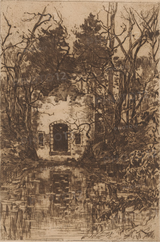 Ruins by a pond, print, printmaker: Willem de Zwart (signed by artist), c. 1896, paper, etching, intaglio printmaking technique, height 292 mm x width 195 mm, landscape with ruins, pond, pool, Lage Vuursche, A textured monochrome etching shows a small stone structure with a rounded doorway and a rectangular window opening, set amid dense trees and tangled vines, with branches arching and intertwining above and around the building; the foreground features reflected linear marks suggesting water and reeds, while the surrounding vegetation includes tall trunks, leafy canopies, and undergrowth rendered in fine crosshatched lines.