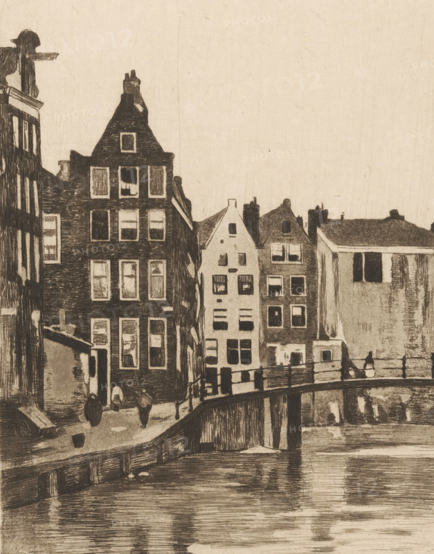 View of houses and a bridge in Amsterdam, print, printmaker: Willem Witsen, Amsterdam, c. 1915 - c. 1919, paper, etching, aquatint, intaglio printmaking technique, height 236 mm x width 186 mm, urban housing, canals, waters (in city), bridge, A row of narrow, tall buildings with steep gabled roofs stands along a canal, their facades detailed with many rectangular windows and varied rooflines; a bridge spans the canal in front of the buildings with railings and a few small figures walking on the street and standing on the bridge; reflections of the bridge supports and building shapes appear in the water below, and there is a small cart and scattered street objects near the left foreground.
