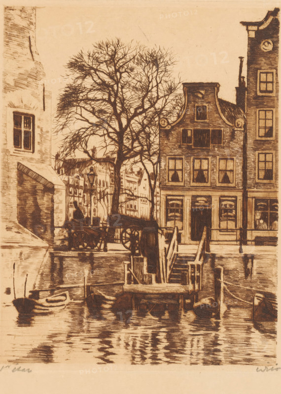 Overhaul at the Montelbaan Tower in Amsterdam, print, Viewed from the Oude Schans towards Oude Schans 4., watermark, printmaker: Willem Witsen (signed by artist), Amsterdam, 1912-05-05, paper, etching, intaglio printmaking technique, aquatint, height 234 mm x width 183 mm, the usual house or row of houses, canals, waters (in city), city-view, and landscape with man-made constructions, Montelbaan Tower, A sepia-toned etched scene shows narrow canal-side buildings with tall, narrow windows and decorative gables, a leafless tree with intricate bare branches rising between the structures, a wooden stair and dock area leading down to the water, small rowboats tied up along the canal, reflected ripples on the water surface, a cart with large wheels near the buildings, lamp posts and architectural details on the facades, and a vertical building edge framing the left side.