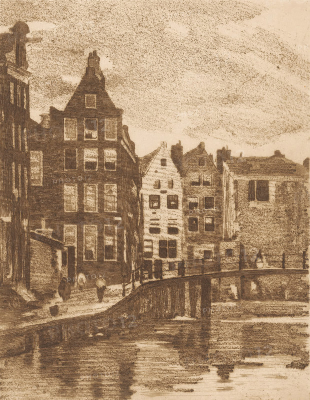 View of houses and a bridge in Amsterdam, print, printmaker: Willem Witsen, Amsterdam, c. 1915 - c. 1919, paper, etching, soft-ground etching, intaglio printmaking technique, height 236 mm x width 186 mm, urban housing, canals, waters (in city), bridge, A sepia-toned drawing of a canal scene showing narrow tall buildings with stepped gables and many windows lining the water, a curved bridge arching over the canal, reflections in the water below, a few small indistinct human figures on the street near the buildings, textured sky above, and architectural details like chimneys and window frames.