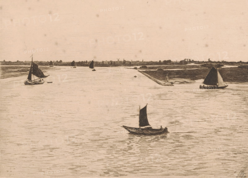 Dordrecht VII (original title), View of the river Noord near Dordrecht, River view, Dordrecht (original title), print, View from the Groothoofdspoort or from one of the rooms in Hotel Bellevue of the river Noord near Dordrecht., printmaker: Willem Witsen, 1900, paper, etching, intaglio printmaking technique, height 234 mm x width 319 mm, sailing-ship, sailing-boat, river, A wide, calm water scene rendered in pale tones with several small sailboats scattered across the surface, each boat shown with a dark sail and simple hull lines, one boat prominent in the lower center foreground with a dark sail casting a reflection, a low distant shoreline stretching across the middle distance with flat, tree-lined land and a few small structures barely outlined, subtle horizontal line shading on the water and faint speckling across the sky, and minimal contrast between water and sky creating a tranquil, open composition.