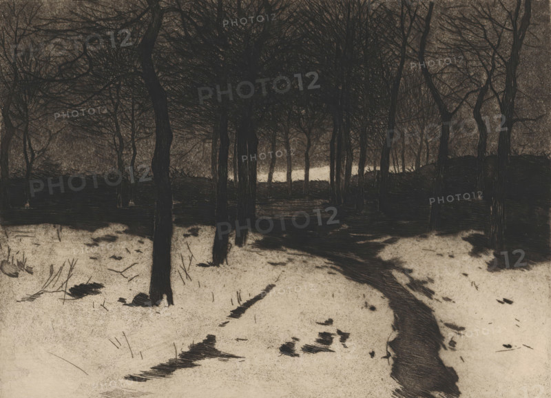Winter in the forest (original title), Snowy forest path (original title), Snow landscape with forest path, Forest, Ewijkshoeve (original title), print, annotation: 'épreuve d'essai', printmaker: Willem Witsen (signed by artist), c. 1908, Willem Witsen, printmaker, paper, Japanese paper (handmade paper), etching, aquatint, roulette, height 248 mm x width 326 mm, The edition of twenty copies applies to the 'épreuves'. Additionally, an edition of 95 regular prints., forest path or lane, snow, Den Dolder, Ewijkshoeve (Den Dolder), A dark, leafless forest scene with tall, slender tree trunks and tangled branches forming a dense canopy, a lighter clearing visible in the distance between the trunks, a winding dark path cutting through a pale, textured ground with scattered brush marks and small patches of darker debris, overlapping horizontal strokes creating shadowed areas, and the overall palette dominated by deep charcoal tones and muted beige.