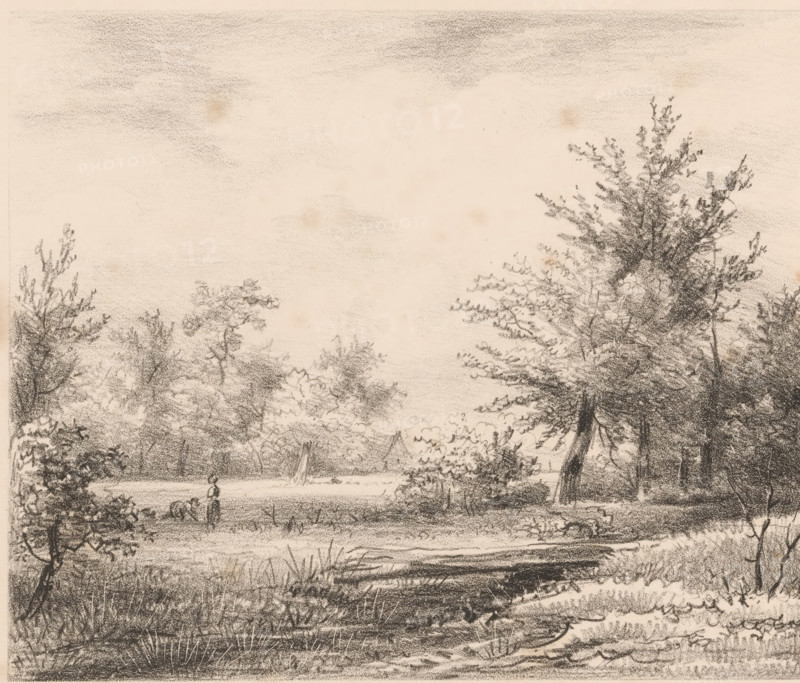 Landscape with figures and farm, print, Two figures, one bent over and the other standing, are working in the fields in a wooded landscape. Further on stands a farmhouse., printmaker: attributed to Jean Augustin Daiwaille, Amsterdam, 1796 - 1850, 1809 - 1850, Attributed to, paper, lithography, lithografie, height 315 mm x width 485 mm, farm (building), plain (landscape with figures, staffage), A sepia-toned pencil or charcoal landscape shows a foreground of grassy marshland with textured reeds and a small stream or water edge, leading back to a flat open area where a solitary standing figure is visible near the water, accompanied by a small indistinct animal. The middle ground features scattered low bushes and a cluster of tents or triangular structures among trees, while the background is defined by taller trees with detailed branches and foliage, particularly a large tree on the right with a prominent trunk and sweeping branches. The sky is lightly shaded with soft cloud-like smudges...