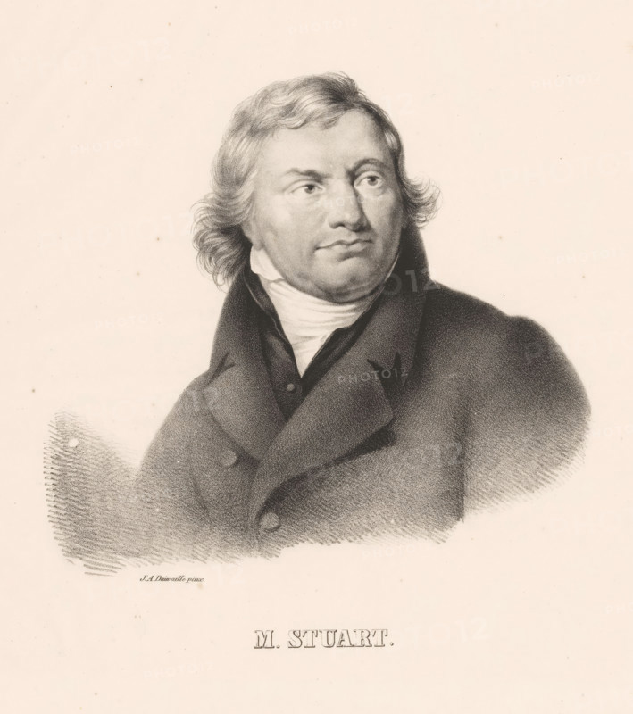 Portrait of Martinus Stuart, print, The sitter looks to the top right. Below the portrait his name., printmaker: Jean Augustin Daiwaille, Amsterdam, 1809 - 1850, paper, lithography, height 462 mm x width 330 mm, Person, Martinus Stuart, historical persons ((full) bust portrait), A charcoal-style portrait of a middle-aged person shown from the chest up wearing a dark double-breasted coat with a high collar and a light neck cloth, with wavy hair swept back and sideburns, visible facial features including eyes looking slightly to the side, eyebrows, a straight nose, and closed lips, all rendered with fine shading on a pale background.