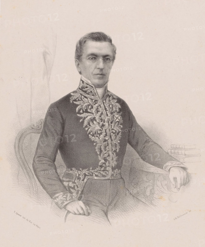 Portrait of Jean Pierre Cornets de Groot van Kraaijenburg, print, The sitter wears glasses and a dress uniform., printmaker: Johan Hendrik Hoffmeister, Netherlands, printer (person): Koninklijke Steendrukkerij van E. Spanier, The Hague, c. 1853 - c. 1883, printer (person), paper, chine collé, lithography, lithography on chine collé, height 372 mm x width 270 mm, Person, Jean Pierre Cornets de Groot van Kraaijenburg, historical persons (half-length portrait), eyeglasses, spectacles, A seated man wearing a dark, ornate jacket with intricate floral embroidery down the front, on the cuffs, and around the waist is depicted in a finely detailed pencil drawing; he has neatly combed hair, round eyeglasses, and a high white collar, one hand resting on his thigh and the other on the arm of a carved chair beside a small stack of books, with delicate shading and soft background lines.