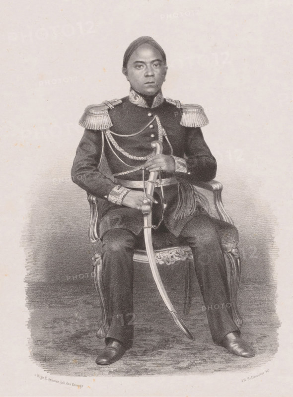Portrait of Hamangkoe Boewono VI, the Sultan of Yogyakarta, print, The sitter is seated on a chair and holds a saber or klewang in his hands., printmaker: Johan Hendrik Hoffmeister, printer (person): Royal Lithographic Printing House of E. Spanier, The Hague, c. 1851 - c. 1883, 1860, printer (person), paper, chine collé, lithography, lithography on chine collé, height 555 mm x width 444 mm, historical persons (full length portrait), hacking and thrusting weapons (with NAME), Java, Central Java, Yogyakarta, A monochrome portrait of a seated person wearing a formal military uniform with decorative shoulder epaulettes and braided cords across the chest, the figure holds a sheathed sword with one hand resting on the hilt and the other on the sword's scabbard, the uniform includes a high collar with ornamental details and cuff decorations, the person sits on an ornate carved chair with visible armrests and patterned upholstery, trousers and polished shoes are visible, and the background is ...