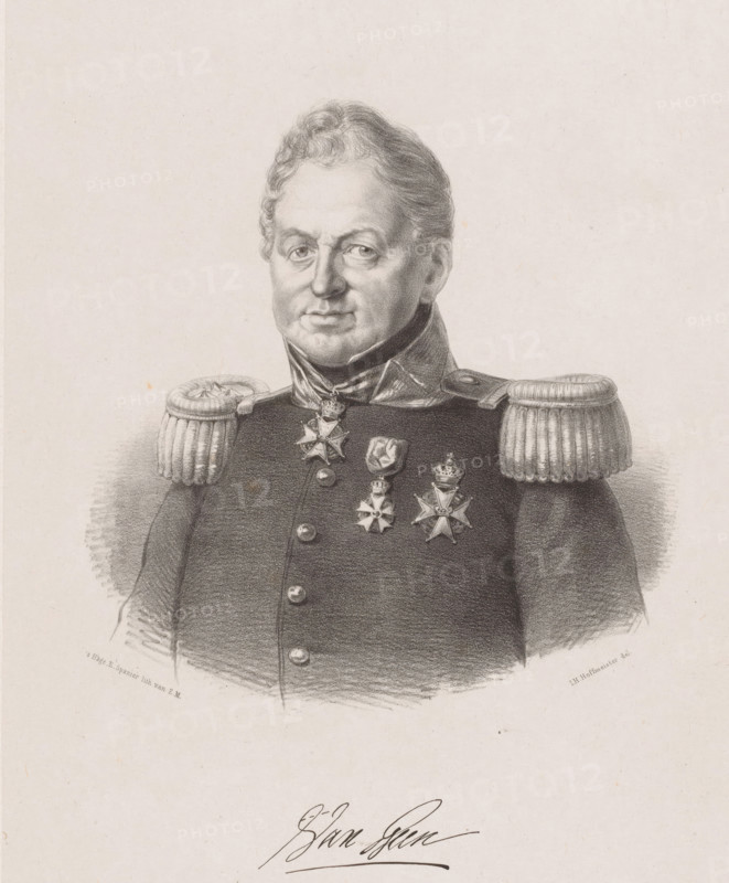 Portrait of Josephus Jacobus van Geen, print, The sitter wears a military uniform with epaulets and three knightly orders. Below the portrait is his signature., printmaker: Johan Hendrik Hoffmeister, Netherlands, printer (person): Koninklijke Steendrukkerij van E. Spanier, The Hague, c. 1851 - c. 1883, printer (person), paper, chine collé, lithography, lithography on chine collé, height 550 mm x width 370 mm, Person, Joseph Jacobus baron van Geen, historical persons ((full) bust portrait), knighthood order, A monochrome portrait drawing of a man shown from the chest up wearing a dark military coat with high collar and ornate shoulder epaulettes, his hair short and wavy, his expression neutral, several star-shaped medals pinned to his chest, the shading and fine lines emphasizing facial features and uniform texture, blank background surrounding the figure and a large handwritten signature below the portrait.