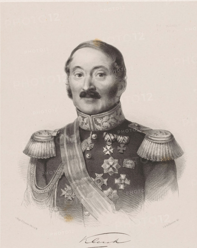 Portrait of Rijnholt Antony Klerck in military costume, print, The sitter wears a military uniform with eight knighthood orders, including one for thirty years of military service. Below the portrait is his signature., printmaker: Johan Hendrik Hoffmeister, Netherlands, printer (person): Koninklijke Steendrukkerij van E. Spanier, The Hague, c. 1851 - c. 1883, printer (person), paper, chine collé, lithography, lithography on chine collé, height 505 mm x width 355 mm, Person, Jonkheer Rijnholt Antony Klerck, historical persons ((full) bust portrait), knighthood order, A black and white illustration of a man shown from the chest up wearing a decorated military uniform with ornate shoulder epaulettes and a patterned high collar, a sash draped across his chest, and multiple medals and star-shaped decorations pinned to his coat; he has short dark hair, sideburns, a mustache, and a composed facial expression, set against a plain light background.