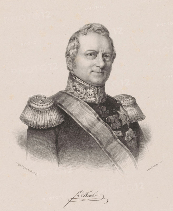 Portrait of Hendrik Merkus de Kock, print, The sitter wears a military uniform with two order stars, two knightly orders, and a medal of honor for thirty years of military service. His signature is below the portrait., printmaker: Johan Hendrik Hoffmeister, Netherlands, printer (person): Koninklijke Steendrukkerij van E. Spanier, The Hague, c. 1851 - c. 1883, printer (person), paper, chine collé, lithography, lithography on chine collé, height 500 mm x width 345 mm, Person, Hendrik Merkus baron de Kock, historical persons ((full) bust portrait), knighthood order, A detailed black and white portrait drawing of a man shown from the chest up wearing a formal military uniform with ornate shoulder epaulettes and a decorative high collar, a sash diagonally across his chest, and several medals and decorations on his coat; he has short wavy hair, a composed facial expression with a slight smile, and is looking slightly to one side against a plain background.