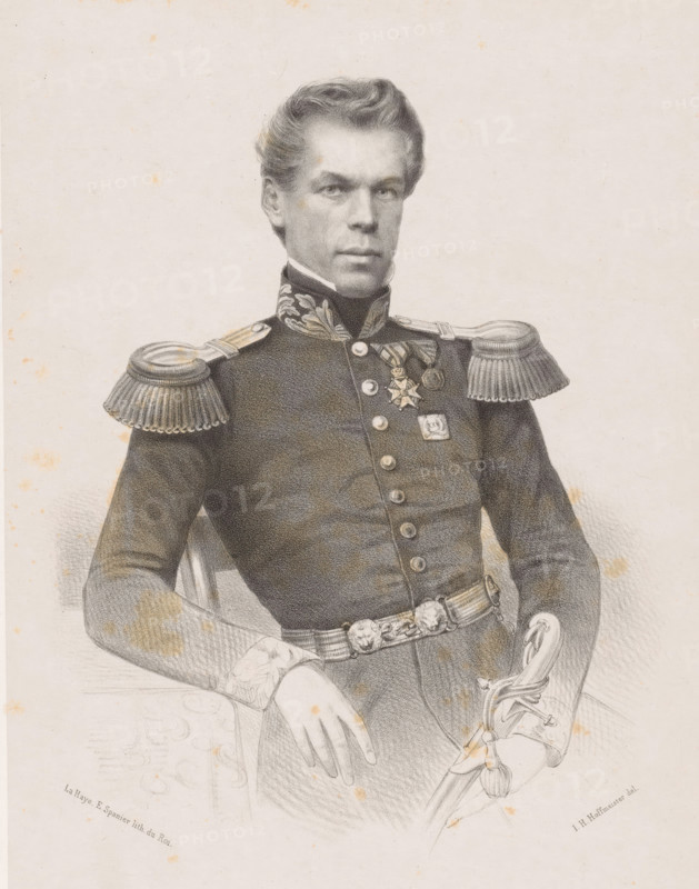 Portrait of FA Kortz, print, The sitter is wearing a military costume and holds a saber in his left hand., printmaker: Johan Hendrik Hoffmeister, Netherlands, printer (person): Koninklijke Steendrukkerij van E. Spanier, The Hague, c. 1851 - c. 1883, printer (person), paper, chine collé, lithography, lithography on chine collé, height 400 mm x width 305 mm, historical persons (half-length portrait), hacking and thrusting weapons (with NAME), A black and white portrait of a seated man wearing a formal military uniform with ornate shoulder epaulettes and decorative embroidery on the collar, his hair styled and swept back, his face showing a neutral expression, a row of buttons down the front of his coat and several medals pinned to his chest, a decorative belt at his waist, one hand resting on an armrest and the other holding a sword with a curved hilt, the background plain and lightly textured with scattered small stains on the paper.