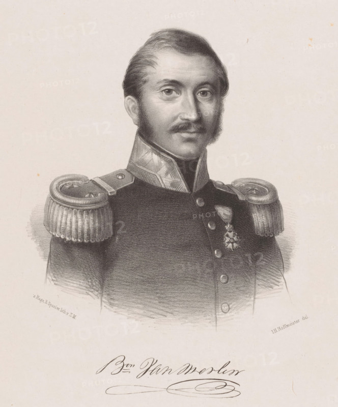Portrait of Jean-Baptiste van Merlen, print, The sitter wears a military uniform with epaulets and an order insignia. His signature is below the portrait., printmaker: Johan Hendrik Hoffmeister, Netherlands, printer (person): Koninklijke Steendrukkerij van E. Spanier, The Hague, 1851 - c. 1883, printer (person), paper, chine collé, lithography, lithography on chine collé, height 550 mm x width 365 mm, Person, Jean-Baptiste van Merlen, historical persons ((full) bust portrait), knighthood order, A monochrome portrait of a man shown from the chest up wearing a military uniform with ornate shoulder epaulettes and a high collar; he has neatly combed hair, sideburns, a mustache, and a calm facial expression, and a medal pinned to his chest.