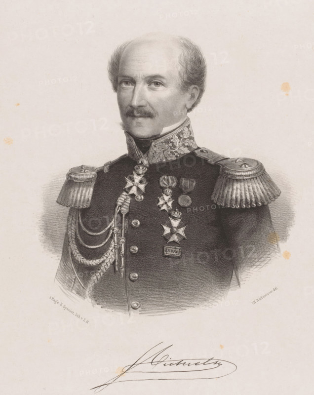 Portrait of Andreas Victor Michiels, print, The sitter wears a military uniform with knightly orders, including a medal for 35 years of service. His signature is below the portrait., printmaker: Johan Hendrik Hoffmeister, Netherlands, printer (person): Koninklijke Steendrukkerij van E. Spanier, The Hague, 1851 - c. 1883, printer (person), paper, chine collé, lithography, lithography on chine collé, height 525 mm x width 355 mm, Person, Andreas Victor Michiels, historical persons ((full) bust portrait), knighthood order, A monochrome engraved portrait of a man shown from the chest up wearing a formal military uniform with ornate epaulettes and braided cords, a high embroidered collar, and multiple medals and decorations pinned to his chest; he has a receding hairline with short hair at the sides, a mustache, and a neutral facial expression, with soft shading and fine pencil-like lines defining facial features and clothing against a plain background.
