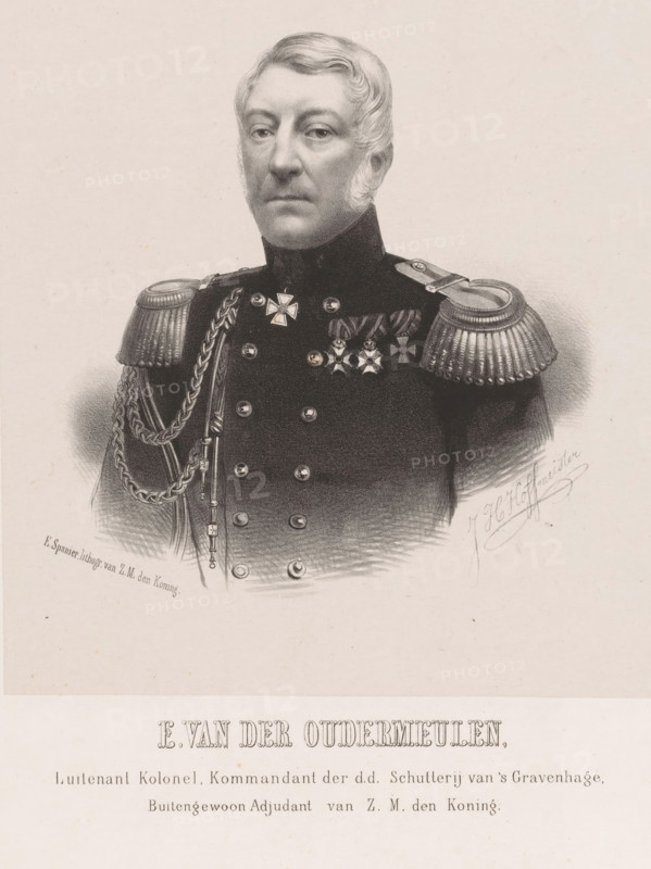 Portrait of E. van der Oudermeulen, print, The sitter is wearing a military uniform. Below the portrait are his name and positions., printmaker: Johan Hendrik Hoffmeister, Netherlands, printer (person): Koninklijke Steendrukkerij van E. Spanier, The Hague, 1851 - c. 1883, printer (person), paper, chine collé, lithography, lithography on chine collé, height 490 mm x width 370 mm, historical persons ((full) bust portrait), knighthood order, A monochrome portrait of a man shown from the chest up wearing a dark military uniform with high collar and ornate shoulder epaulettes, his face framed by short wavy hair and sideburns, a composed neutral expression, decorative braided cords draped across one shoulder, several medals and a cross pinned on his chest, rows of buttons down the front of his coat, shading and fine line work creating depth against a plain light background.