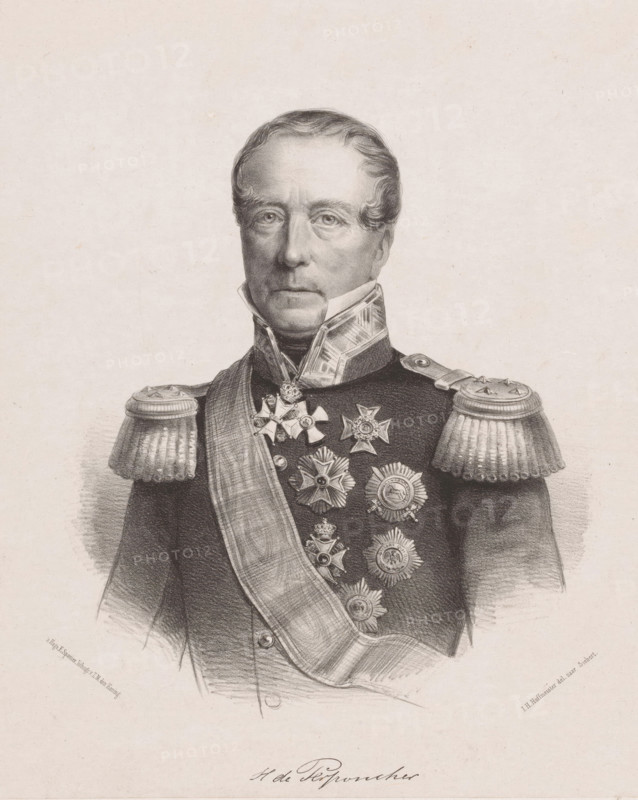 Portrait of Henri de Perponcher, print, The sitter wears a military uniform with epaulets, a sash and knightly orders. Below the portrait is his signature., printmaker: Johan Hendrik Hoffmeister, Netherlands, after design by Heinrich Siebert (I), printer (person): Koninklijke Steendrukkerij van E. Spanier, The Hague, 1851 - c. 1883, printer (person), paper, chine collé, lithography, lithography on chine collé, height 543 mm x width 360 mm, Person, Hendrik George de Perponcher Sedlnitsky, historical persons ((full) bust portrait), knighthood order, A detailed black and white portrait drawing of an older man shown from the chest up wearing a high-collared military uniform with decorative epaulettes and a broad sash across his torso, his face rendered with fine shading and a neutral expression, short wavy hair, and a series of ornate medals and star-shaped decorations pinned to his chest, set against a plain light background.