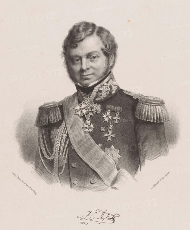Portrait of Julius Constantijn Rijk, print, Below the portrait the signature of the sitter., printmaker: Johan Hendrik Hoffmeister, Netherlands, after design by Izaak Schouman, printer (person): Koninklijke Steendrukkerij van E. Spanier, The Hague, c. 1851 - 1883, printer (person), paper, chine collé, lithography, lithography on chine collé, height 540 mm x width 355 mm, Person, Julius Constantijn Rijk, historical persons ((full) bust portrait), A monochrome portrait of a man shown from the chest up wearing a decorated military uniform with ornate shoulder epaulettes, braided cords, a broad sash across his torso, and multiple medals and star-shaped decorations on his chest; he has short wavy hair, sideburns, and a composed facial expression, and the background is plain with subtle shading around the figure.