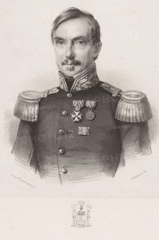 Portrait of Carel Paul Amarant de Salis Soglio Mayenfeld, print, The sitter is wearing the Military William Order, the medal of the war in Java, and a decoration for twenty years of military service. Below the portrait is the coat of arms of the De Salis family., printmaker: Johan Hendrik Hoffmeister, Netherlands, printer (person): Koninklijke Steendrukkerij van E. Spanier, The Hague, c. 1851 - 1883, printer (person), paper, chine collé, lithography, lithography on chine collé, height 510 mm x width 350 mm, armorial bearing, heraldry, historical persons ((full) bust portrait), knighthood order, A monochrome portrait drawing of a man shown from the torso upward wearing a dark military uniform with decorative collar and large fringed epaulettes on each shoulder, his face turned slightly toward the viewer with short hair, a mustache and a small goatee, and a calm expression; several medals and a rectangular badge are pinned to the left side of his chest, and a small decorative coat of arm...