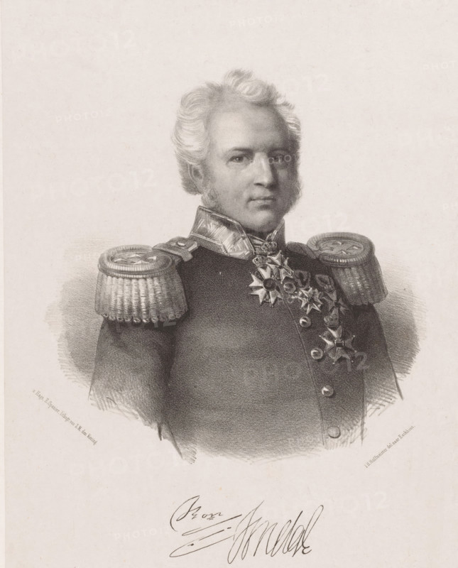 Portrait of Ralph Dundas Tindal, print, The sitter wears a military uniform with knightly orders on the chest. His signature is below the portrait., printmaker: Johan Hendrik Hoffmeister, Netherlands, printer (person): Koninklijke Steendrukkerij van E. Spanier, The Hague, 1851 - c. 1883, printer (person), paper, chine collé, lithography, lithography on chine collé, height 530 mm x width 350 mm, Person, Ralph Dundas Tindal, historical persons ((full) bust portrait), A monochrome portrait of a man shown from the chest up wearing a formal military uniform with ornate braided epaulettes and a high collar, his face framed by wavy light-colored hair and sideburns, his expression neutral as he looks slightly off center, a row of decorative star-shaped medals and round buttons adorning his chest, and a large blank background surrounding the figure.