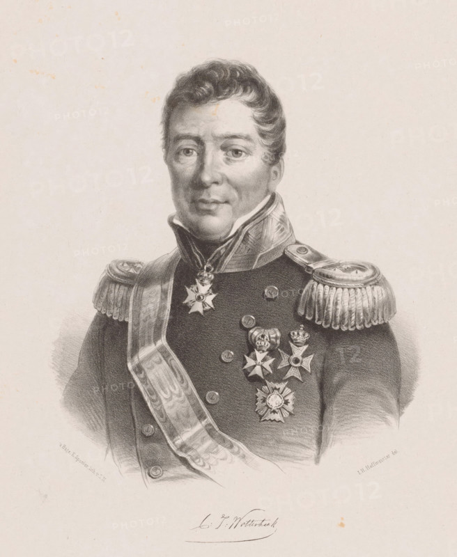 Portrait of Constantijn Johan Wolterbeek, print, Below the portrait the signature of the sitter., printmaker: Johan Hendrik Hoffmeister, Netherlands, printer (person): Koninklijke Steendrukkerij van E. Spanier, The Hague, 1851 - c. 1883, printer (person), paper, chine collé, lithography, lithography on chine collé, height 550 mm x width 368 mm, Person, Constantijn Johan Wolterbeek, historical persons ((full) bust portrait), knighthood order, A grayscale portrait drawing of a man shown from the chest up wearing a high-collared military uniform with decorative shoulder epaulettes and a sash across his torso, his face framed by short wavy hair and a calm expression, several ornate medals and star-shaped insignia pinned to his chest, detailed shading on the uniform and facial features, and a plain light background.