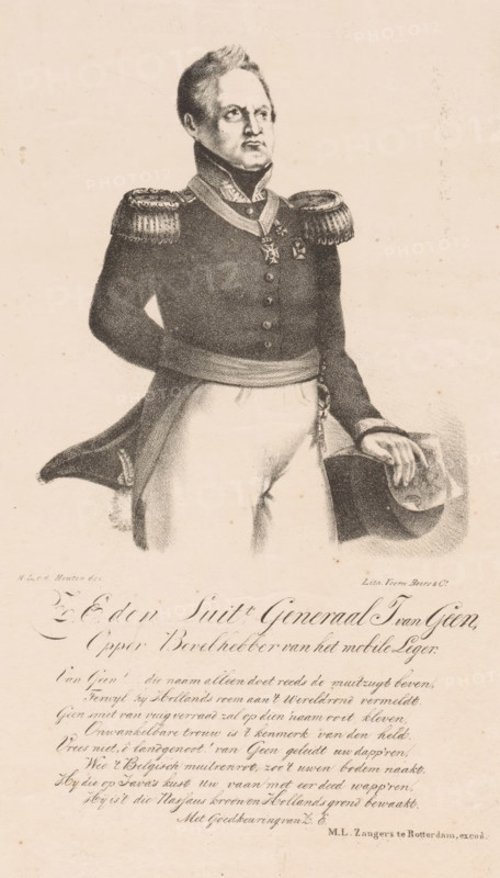 Portrait of General Josephus Jacobus van Geen, print, The sitter holds his hat in his right hand and behind his back. His left hand rests on a map. Below the portrait, a poem of praise., printmaker: Henricus Leonardus van den Houten, printer (person): Voorn Boers & Co., publisher: ML Zangers, Rotterdam, 1811 - 1852, printer (person), paper, lithography, height 275 mm x width 175 mm, Person, Joseph Jacobus Baron van Geen, historical persons (three-quarter length portrait), maps, atlases, arm bent behind the back, A monochrome portrait of a man in a military uniform shown from mid-thigh upward, wearing a dark double-breasted coat with ornate epaulettes and a high collar, a sash around his waist, and decorative medals at his chest; he stands with one hand tucked behind his back and the other resting on a hat that sits on a surface, his face turned slightly to the side with a composed expression and short hair; the background is plain and light, and there is decorative script and flourishe...