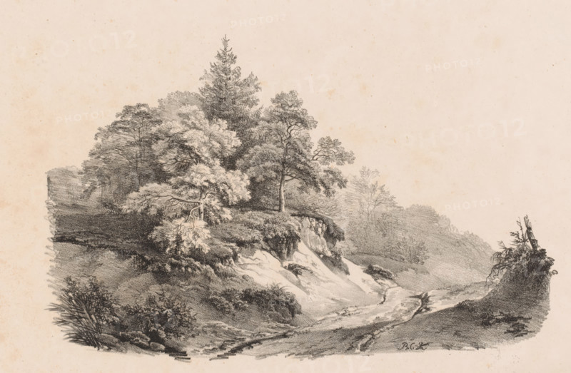 Sand path through the forest, Landscape studies first delivery, print, Series number, 4, 36, Numbered top left and right: '1st Delivery' and 'Pl. 4'. Part of a cover with seventeen prints., printmaker: Barend Cornelis Koekkoek, Amsterdam, 1829 - 1844, paper, lithography, height 300 mm x width 454 mm, In 1829 and 1830, Koekkoek, together with Daiwaille, published six notebooks each containing six prints titled Landscape Studies. These were used in drawing instruction. Fifteen years later, this series was reissued in a different composition by Meyer and Comp in Amsterdam. See: De Bruyn Kops, 1963., forest path or lane, A monochrome landscape drawing showing a rocky hillside with vegetation, including a variety of trees with detailed foliage and a tall conifer near the center, shrubs and grasses along the slope, exposed rock faces and eroded soil, and a winding bare path or stream bed running down the foreground between shaded banks, all rendered with fine pencil or charcoal strokes on a ...