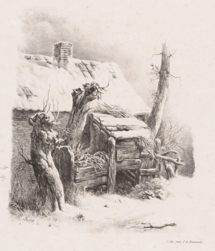 Snow-covered barn, Landscape studies third delivery, print, Series number, 18, 36, Numbered top left and right: '3rd Delivery' and PL 18'. Part of a cover with eighteen prints., inscription: 'missing large, branches left, on the pollard willow', inscription:, printmaker: attributed to Barend Cornelis Koekkoek, Amsterdam, printer (person): Jean Augustin Daiwaille, 1829 - 1830, Barend Cornelis Koekkoek, Jean Augustin Daiwaille, printmaker, printer (person), Attributed to, paper, lithography, height 480 mm x width 335 mm, In 1829 and 1830, Koekkoek, together with Daiwaille, published six booklets, each containing six prints, titled *Landscape Studies*. These were used in drawing instruction. Fifteen years later, this series was reissued in a different composition by Meyer and Comp in Amsterdam. See: De Bruyn Kops, 1963. This print was also published by Meyer & Comp. The image differs significantly. Therefore, the same stone was probably not used, but Koekkoek's print was copied., snow, ba...