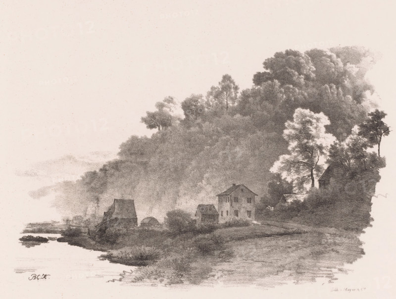 Hill landscape with river, country road and houses, Landscape studies sixth delivery, print, A watermill by the water. Numbered top left and right: '6th Delivery' and 'PL 27'., printmaker: Barend Cornelis Koekkoek, Amsterdam, printer (person): Meyer & Comp., 1844 - 1845, printer (person), paper, lithography, height 345 mm x width 480 mm, In 1829 and 1830, Koekkoek, together with Daiwaille, published six booklets each containing six prints titled Landscape Studies. These were used in drawing instruction. Fifteen years later, this series was reissued by Meyer and Comp in Amsterdam in a different composition. See: De Bruyn Kops, 1963., river, low hill country, watermill in landscape, A monochrome landscape drawing showing a hillside densely covered with trees and foliage, with clusters of leafy canopies rendered in soft shading. At the base of the hill are several small buildings with pitched roofs, including a taller multi-story house and smaller outbuildings, set near a shoreline with c...