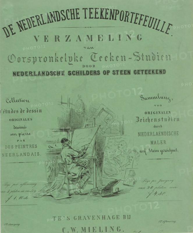 Painter in his studio, print, title page, Title page for: De Nederlandsche Teekenportefeuille. A painter sits in his studio in front of an easel with a painting on it. His right hand rests on a painting stick. Paintings stand around him, prints lie on the floor. On one of the paintings are the portraits of Paulus Potter, Rembrandt van Rijn, and Jan Steen., printer (person): Steendrukkerij van CW Mieling, Rotterdam, 1846, printmaker, printer (person), paper, lithography, lithography on green paper, height 295 mm x width 240 mm, painter at work, in his studio, easel, A green printed sheet with various decorative black ink text and an ink drawing showing an artist seated on a chair at an easel working on a canvas, surrounded by drawing supplies and scattered papers, with additional sketched faces and framed works nearby; the top area features large arched and straight lines of black display lettering, and smaller blocks of ornamental and cursive text are placed on both left and right side...