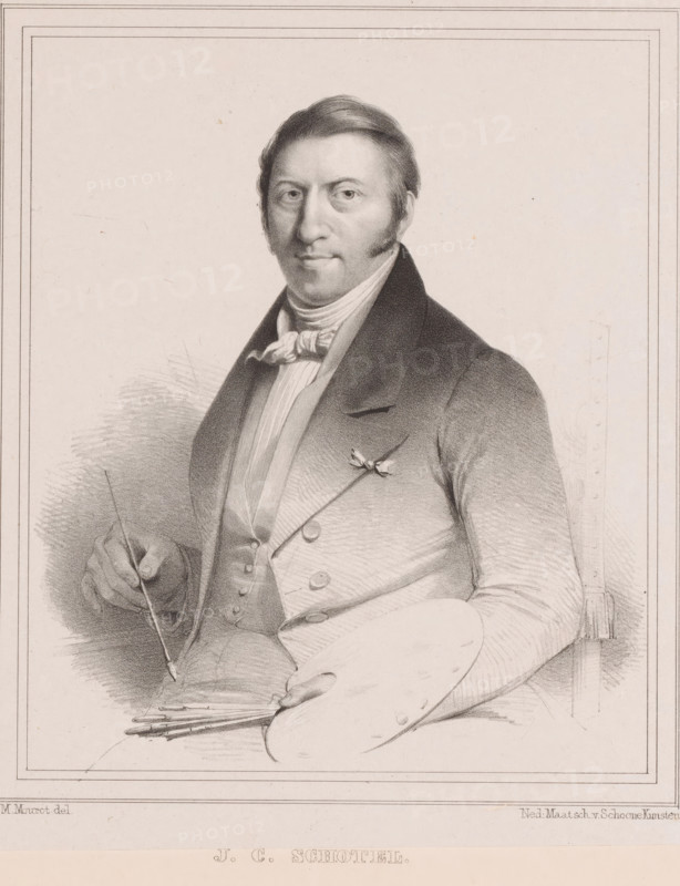 Portrait of Johannes Christiaan Schotel, print, The sitter holds a palette and cabinets in his hands., printmaker: Michel Mourot, printer (person): Nederlandsche Maatschappij van Schoone Kunsten, The Hague, 1840 - 1843, printer (person), paper, chine collé, lithography, lithography on chine collé, height 335 mm x width 253 mm, Person, Johannes Christiaan Schotel, portrait, self-portrait of artist, palette, A seated man rendered in a detailed pencil or charcoal portrait wearing a dark coat with wide lapels over a lighter waistcoat and a high-collared shirt with a tied neckerchief, his hair combed back with sideburns, holding a thin brush or stick in one hand and a painter's palette and several brushes resting on his lap, a small decorative pin on his coat, soft shading around his figure, and a simple rectangular border framing the image.