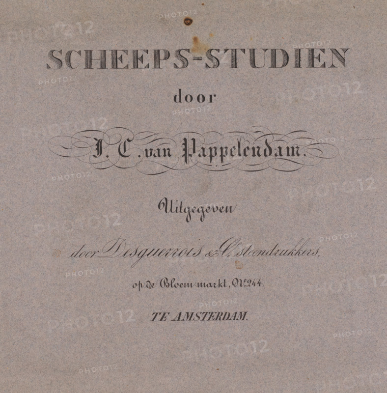 Print album with series of ships, Ship studies, print album, Print album with a series of four lithographs of ships by Johannes Cornelis van Pappelendam. Notebook with grey cover in which lithographs are bound., printmaker: Johannes Cornelis van Pappelendam, printer (person): Desguerrois & Co., Amsterdam, 1827 - 1884, paper, lithography, cover of grey paper, height 261 mm x width 360 mm, ships (in general), A sheet of textured paper with a mottled gray-beige background showing decorative printed elements including a large ornate horizontal patterned band near the top, a smaller centered dark ornamental emblem with flowing loops below it, several lines of stylized calligraphic script arranged vertically down the page, and scattered small brownish spots and stains on the paper surface.