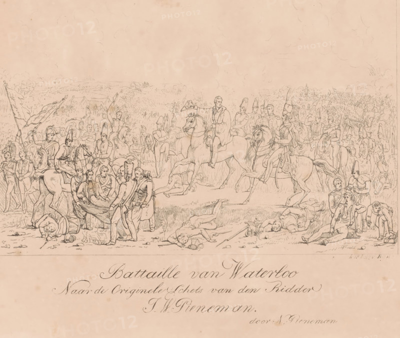 Battle of Waterloo, Battaille van Waterloo, print, The Battle of Waterloo, June 18, 1815. View of the battlefield at the moment the English commander Wellington hears that Prussian reinforcements are on their way. The wounded William, Prince of Orange, is being led away on the left in the foreground. The commanders and other officers on horseback stand in the center; wounded and dead soldiers are on the right in the foreground. In the background the battles rage on the battlefield., printmaker: Nicolaas Pieneman, Netherlands, after design by Jan Willem Pieneman, 1819 - 1860, paper, lithography, height 309 mm x width 479 mm, Person, William II of the Netherlands, Arthur Wellesley of Wellington, putting out of action by wounding, charge, battle, Waterloo, A detailed pencil drawing of a battlefield scene filled with soldiers and horses spread across a grassy plain, with groups of marchers and mounted officers concentrated toward the center and sides, some soldiers wearing tall hats and sh...