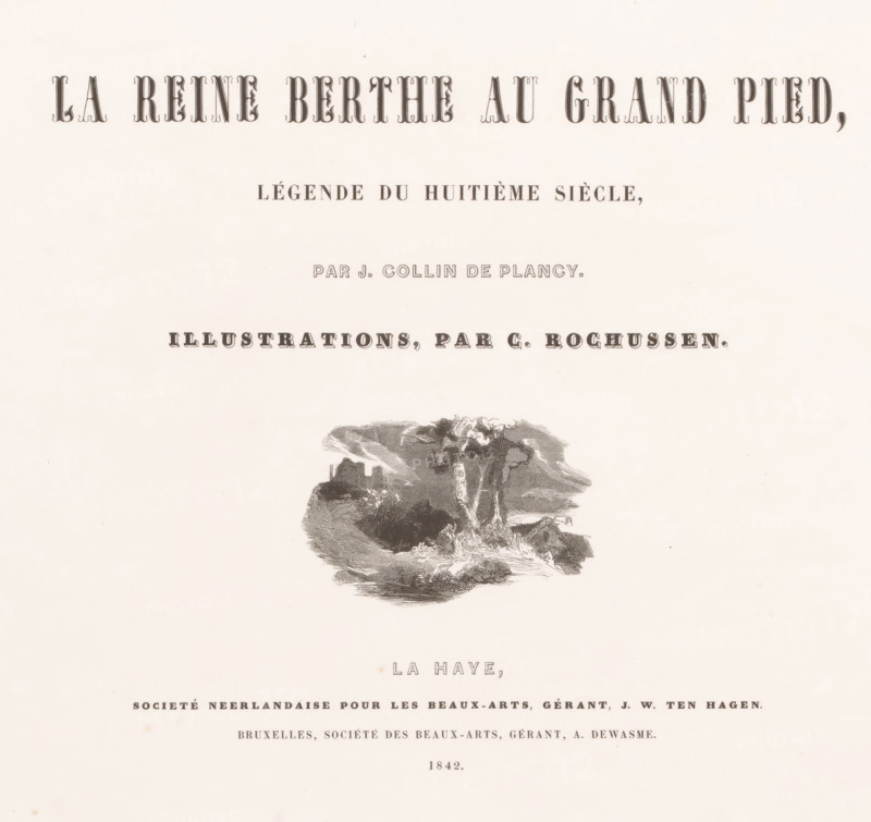 Title page for: Jacques Collin de Plancy, La Reine Berthe au grand pied, 1842, Landscape with trees, house and ruin, print, title page, printmaker: Charles Rochussen, publisher: Nederlandsche Maatschappij van Schoone Kunsten, The Hague, paper, lithography, height 252 mm x width 330 mm, Title page for: Plancy, 1842., landscapes, A pale page with ornate dark headings across the top, a smaller line of dark lettering below them, and another line of medium-weight lettering further down; a dark vignette illustration near the center shows a rocky landscape with a tall tree in the foreground, a cluster of low buildings and a distant ruin on a hill, and textured shading beneath; more lines of dark text appear toward the lower portion of the page and a faint printed line is visible near the bottom.