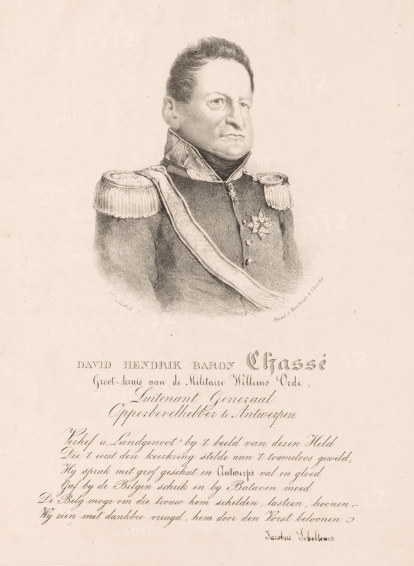 David Hendrik Baron Chassé, Portrait of David Hendrik Chassé, print, Below the portrait his title and a six-line verse by Jacobus Scheltema., printmaker: Theodoor Soeterik, printer (person): Johannes Paulus Houtman, Utrecht, 1828 - 1843, printer (person), paper, lithography, height 298 mm x width 236 mm, Person, historical persons, A sepia-toned portrait drawing of a stern-faced man shown from the chest up wearing a formal military uniform with decorative epaulettes and a sash across his chest, a high collar with patterned trim, a medal shaped like a star pinned to his coat, short coiffed hair, and a blank background with handwritten script visible below the portrait.