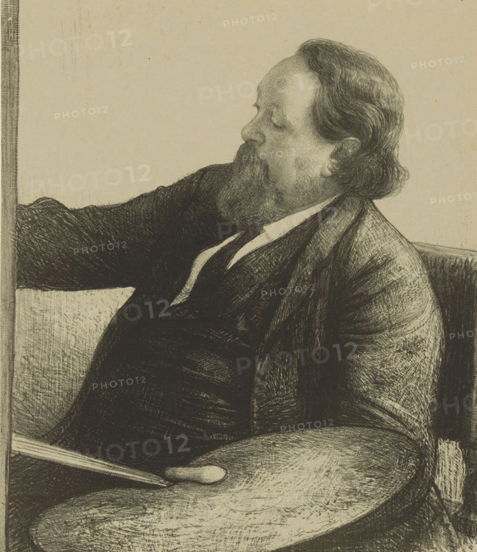 Portrait of Jacob Maris, Famous contemporaries, print, The artist is at work. He is sitting in front of his easel and holds a palette and cabinets in his hand., printmaker: Jan Veth, 1891, paper, lithography, lithography on green-grey paper, proof print, height 310 mm x width 260 mm, This print was published by De Amsterdammer on May 3, 1891., Person, Jacob Maris, artist at work, in his workshop, historical persons ((full) bust portrait), palette, A monochrome drawing of a seated man shown in profile with a beard and wavy hair, wearing a jacket and a vest with a visible collar, his arm resting along the back of a seat, and a palette with a thumb hole held near his lap.
