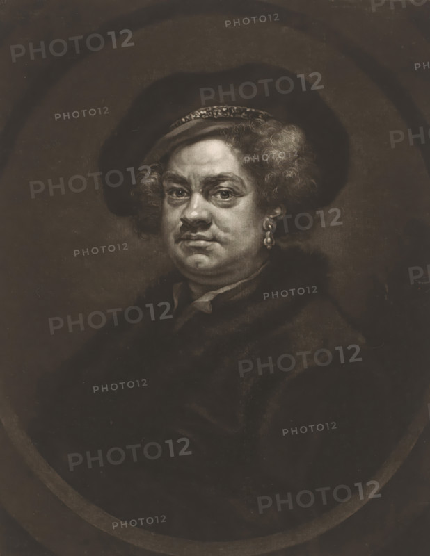 Portrait of John Pine, print, printmaker: James McArdell, London, after painting by William Hogarth, c. 1755 - 1765, paper, mezzotint, proof print, height 326 mm x width 225 mm, Person, John Pine, historical persons, portrait, self-portrait of graphic artist, A sepia-toned portrait of a person shown from the chest up wearing a dark wide-brimmed hat with a patterned band, curly hair visible around the hat, an earring with a drop-shaped pendant in one ear, a fur-collared dark garment, and a neutral facial expression with slightly furrowed brows and a mustache, set against a dark circular vignette background.
