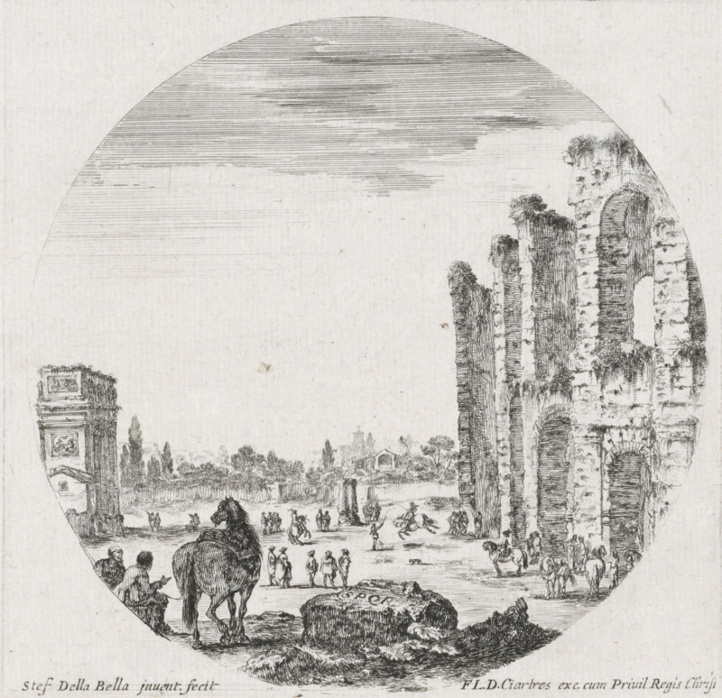 Landscape with the Colosseum and the Arch of Constantine, Landscapes and ruins in Rome, Paysages et ruines de Rome, print, A landscape with part of the Colosseum on the right and the Arch of Constantine on the left. Men with horses are busy between the monuments. In the foreground a block with the letters SPQR on it and in the background the Roman Forum (at that time still called the Campo Vaccino)., printmaker: Stefano della Bella, publisher: François Langlois, France, 1620 - 1664, unknown, grantor of privilege, paper, etching, height 130 mm x width 132 mm, A circular ink drawing shows a landscape with tall, rugged rock formations on the right, detailed with vertical striations and small patches of vegetation, and an arch-like opening in one of the cliffs. To the left a ruined architectural column rises with sculpted panels, and a distant line of trees and small buildings stretches across the middle ground. In the foreground figures and animals occupy an open plain; people stand and w...