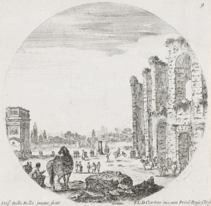 Landscape with the Colosseum and the Arch of Constantine, Landscapes and ruins in Rome, Paysages et ruines de Rome, print, Series number, 9, 13, A landscape with part of the Colosseum on the right and the Arch of Constantine on the left. Men with horses are busy between the monuments. In the foreground a block with the letters SPQR on it and in the background the Roman Forum (at that time still called the Campo Vaccino)., printmaker: Stefano della Bella, publisher: François Langlois, France, dedicated to: Antonio Le Charon, 1620 - 1664, unknown, grantor of privilege, paper, etching, height 127 mm x width 131 mm, A circular ink drawing shows a wide open scene with a large arched ruin on the right composed of tall, textured stone columns and openings, smaller architectural fragments on the left, and a flat expanse between them populated by many small human figures and animals engaged in various activities; in the foreground there is a prominent view of a horse seen from behind near two s...