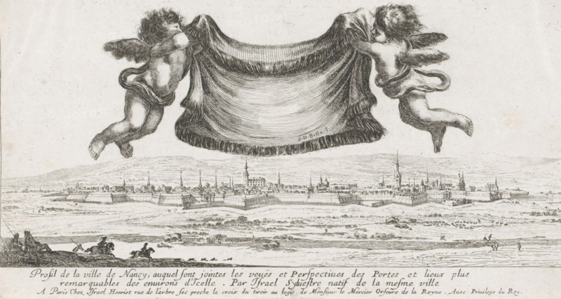 View of Nancy, Diverses vues d'endroits remarquables d'Italie et de France, Views of remarkable places in Italy and France, print, Two floating putti holding up a cloth together. In the background a view of the city of Nancy. Text in the lower margin in French., printmaker: Stefano della Bella, France, printmaker: Israël Silvestre, publisher: Israël Henriet, Paris, grantor of privilege: French Crown, 1620 - 1664, paper, etching, height 128 mm x width 242 mm, A wide horizontal engraving showing a fortified cityscape along the middle of the image with walls, towers, spires, and clustered buildings, set against low rolling hills in the background and open plains in the foreground. Above the city two winged cherubs face each other while holding a large draped cloth between them that curves and folds with visible fringe along its lower edge. In the foreground small groups of tiny figures and animals are scattered across the plain, with a few riders on horseback and a couple of people standi...